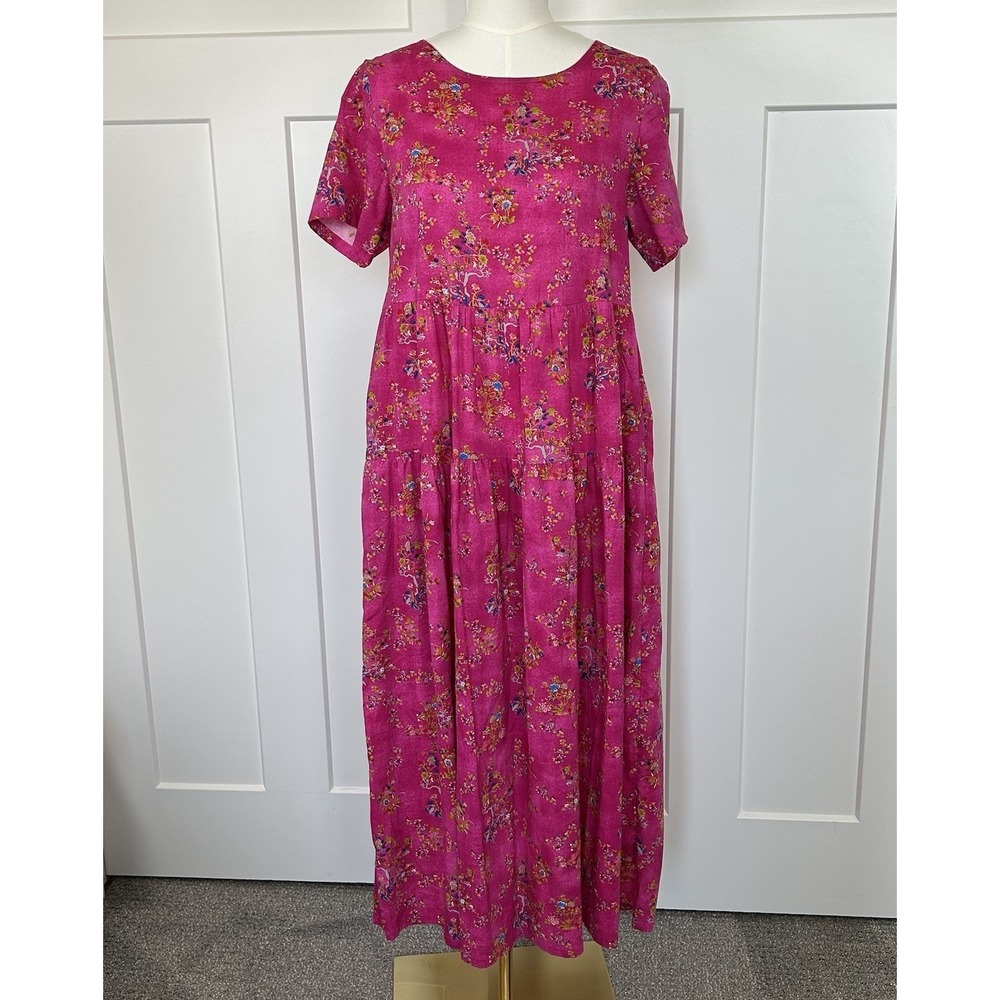 Women's Fuscia Floral Maxi Dress - Size SMALL - Short Sleeve Tiered‎ Flowy